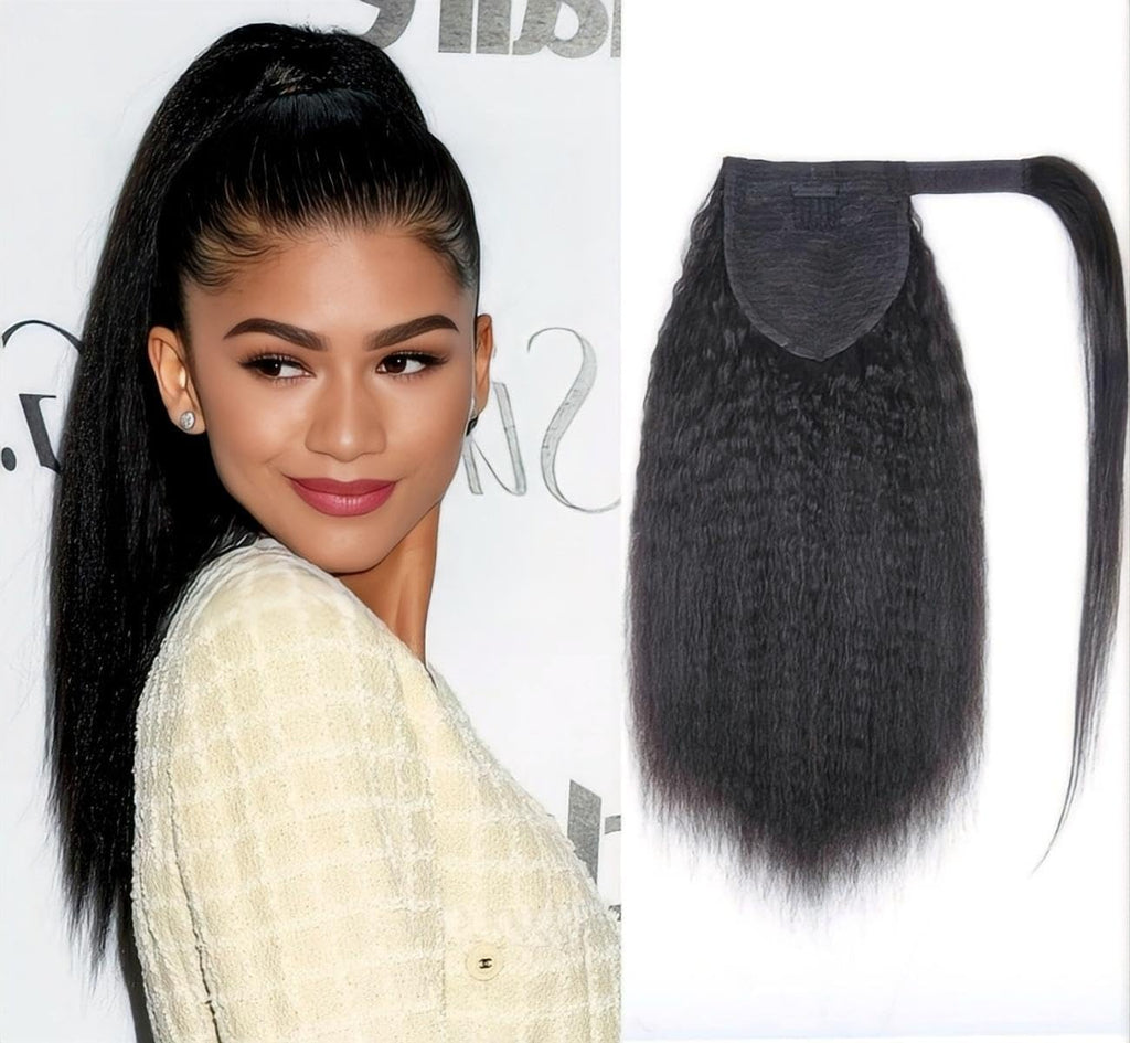 Wrap Around Real Kinky Straight Clip in Human Hair Ponytail
